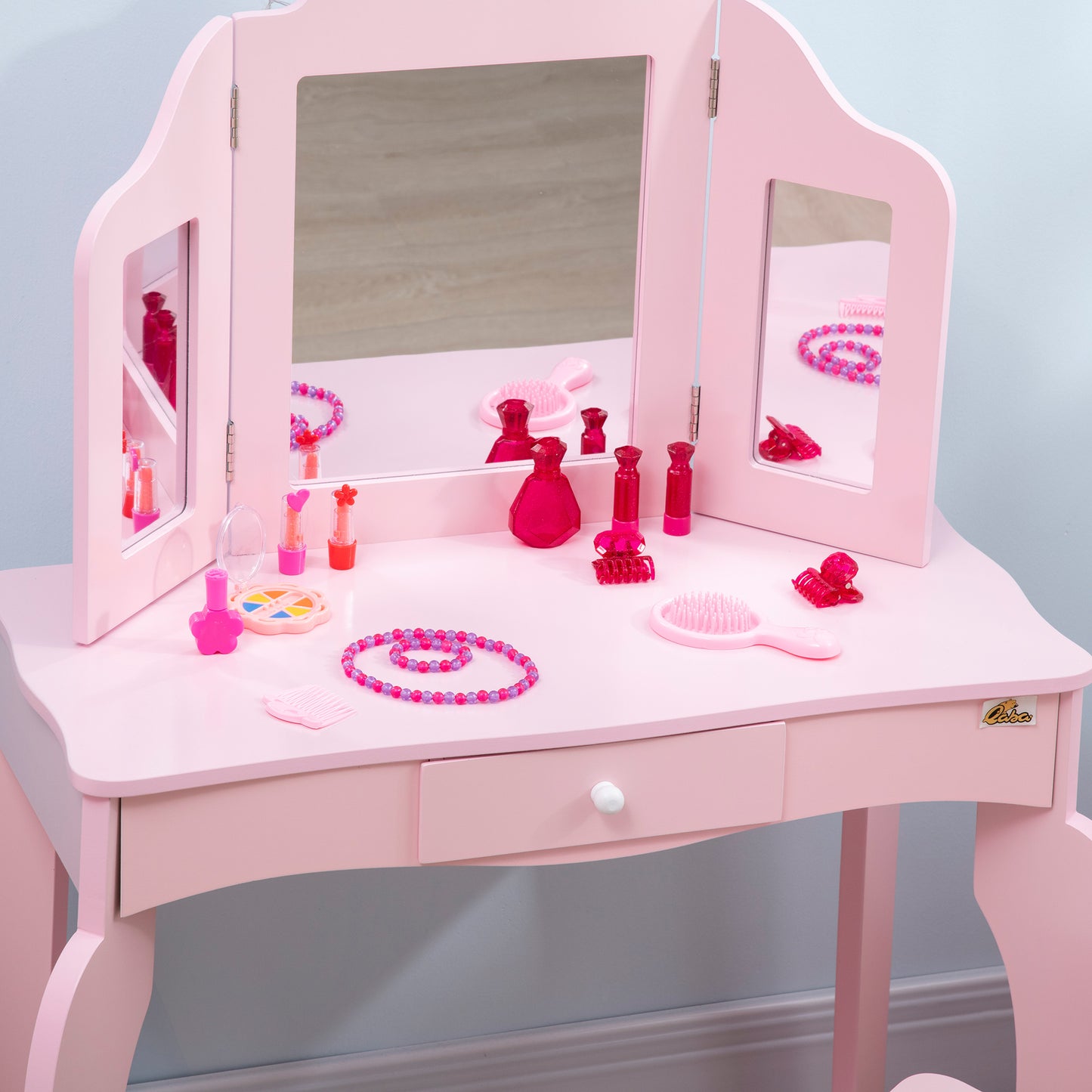 Qaba Kids Vanity Table & Chair Set, Wooden Princess Makeup Dressing Table, Pretend Play Vanity Set for Little Girls with Tri-folding Mirrors, Drawer, Pink