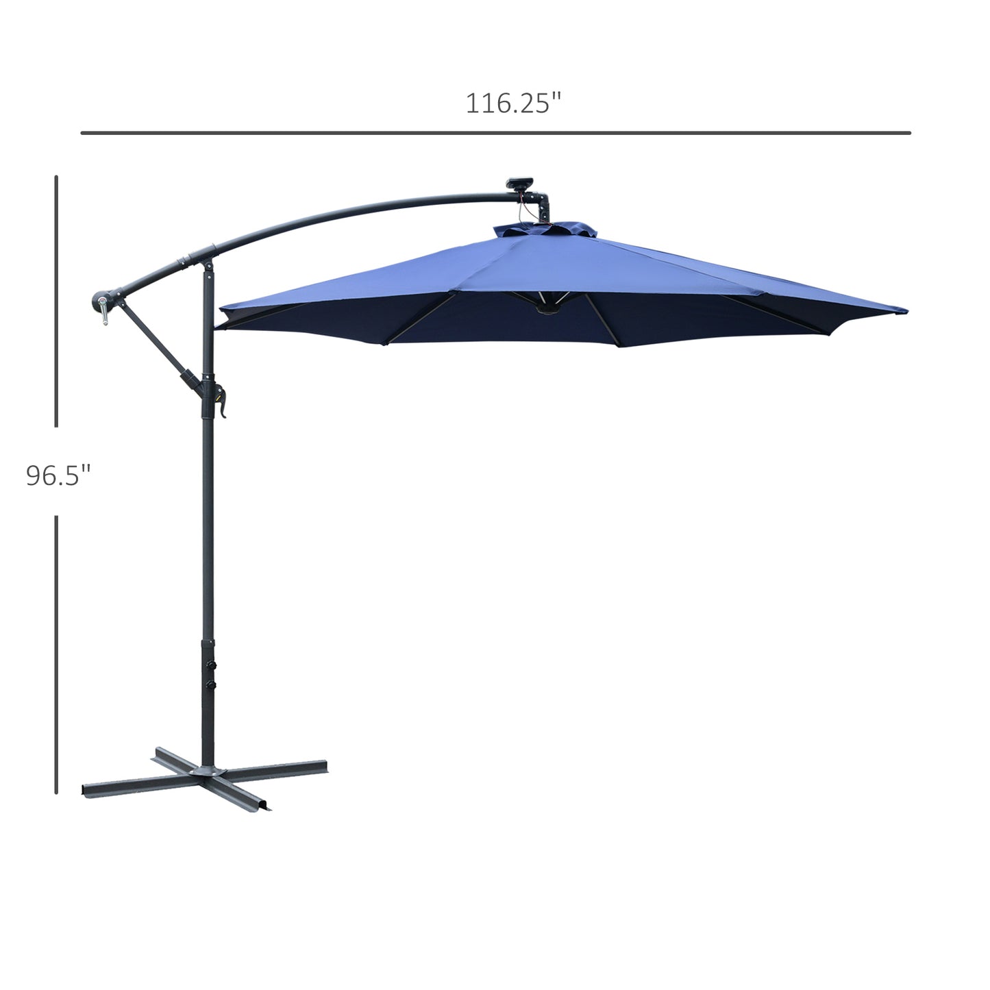 10ft Cantilever Solar Hanging Offset Umbrella Outdoor LED Lights Aluminum Market Banana Parasol Crank w/ Cross Base Garden Sun Shelter Blue