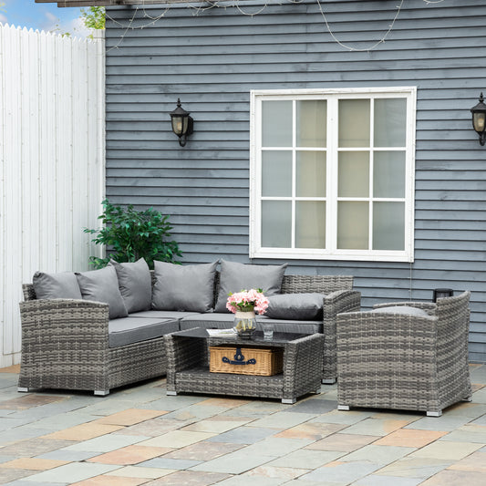 5 Pieces Wicker Patio Furniture Set with 4" Thick Cushions, Outdoor PE Rattan Garden Conversation Sectional Sofa Set with Glass Top Two-tier Coffee Table, Grey