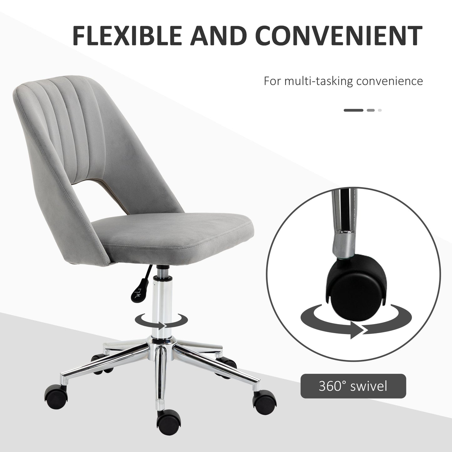 Mid Back Office Chair Velvet Fabric Swivel Scallop Shape Computer Desk Chair, Grey