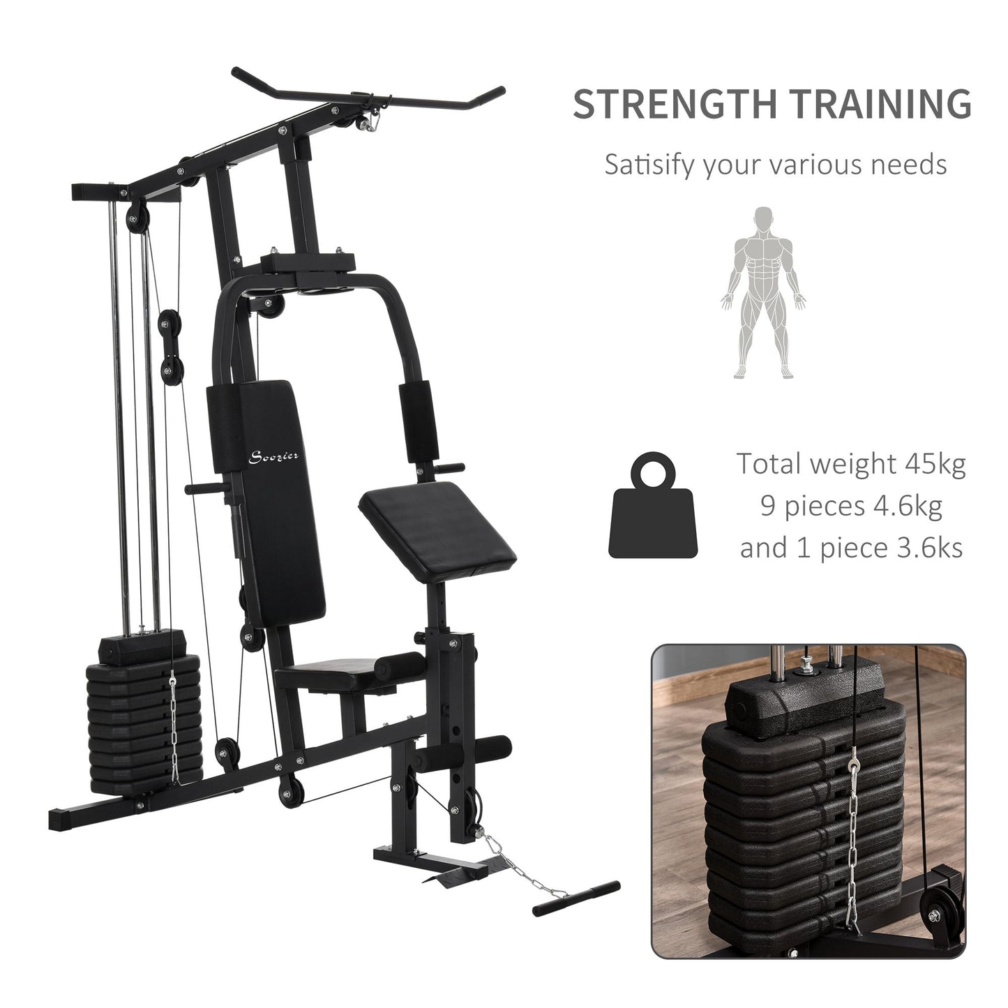 Soozier Multifunction Home Power Exercise Gym System Weight Training Exercise Workout Station Fitness Strength Machine for Whole Body Training Black