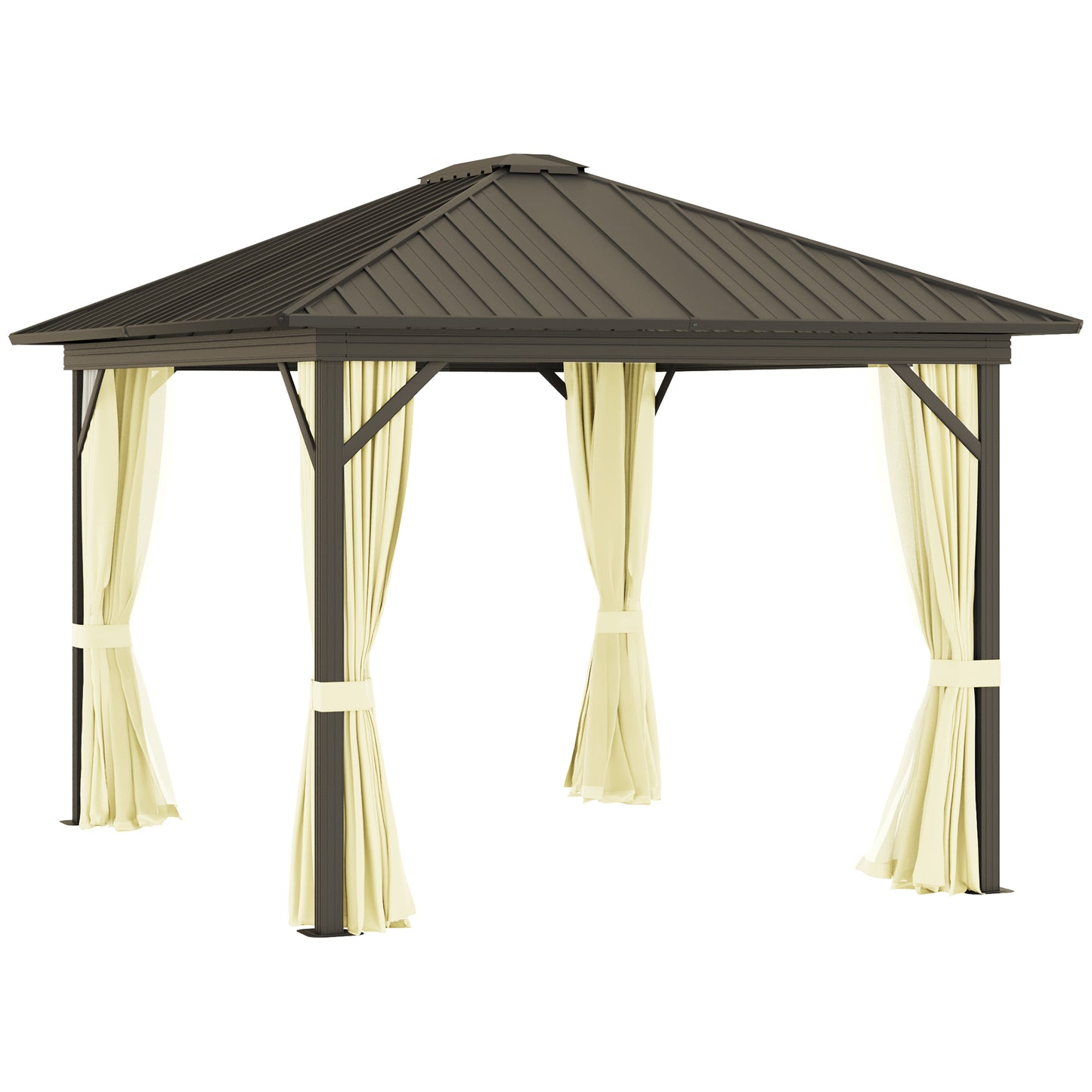 10' x 12' Outdoor Hardtop Gazebo Metal Roof Patio Gazebo with Aluminum Frame, Mesh Nettings, Curtains and Roomy Interior Space, Beige