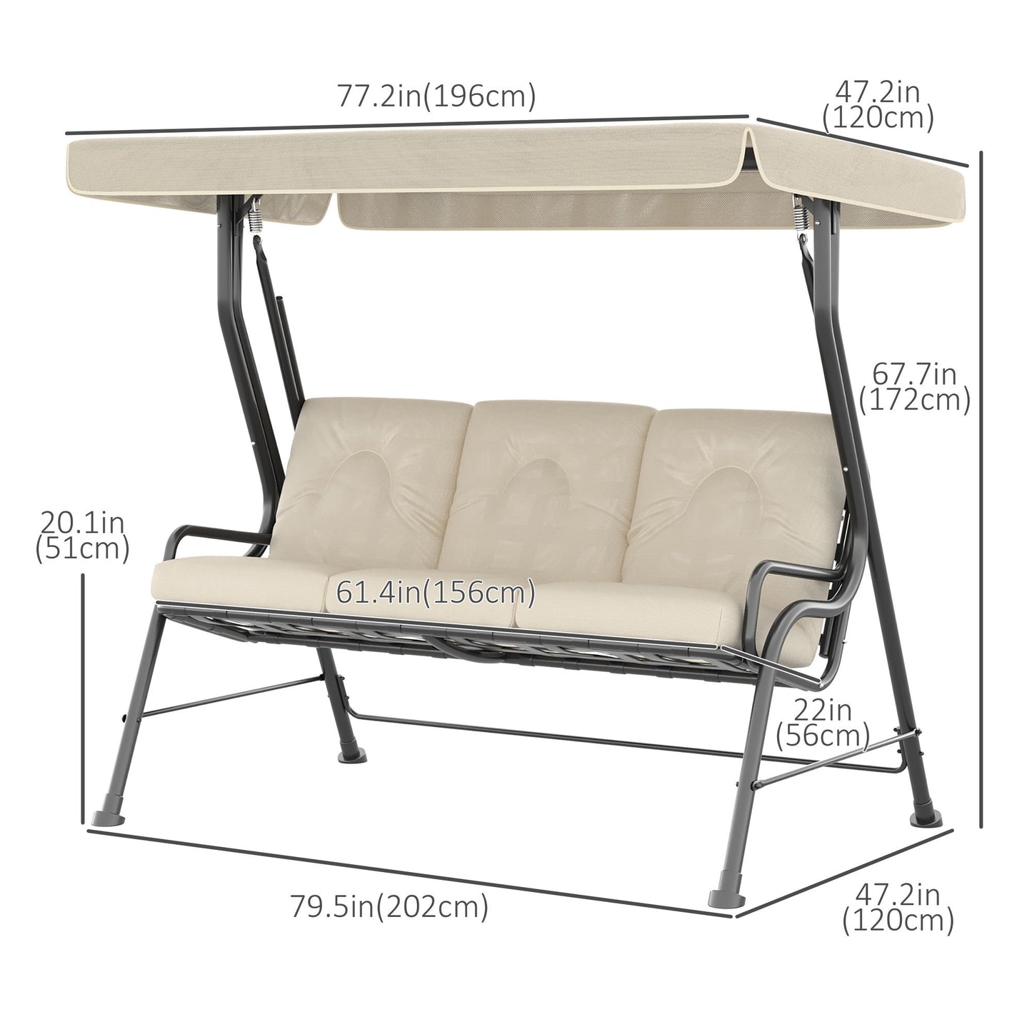 3-Person Porch Swing Patio Swing Chair with Canopy for Patio, Garden, Backyard, Poolside, Cream