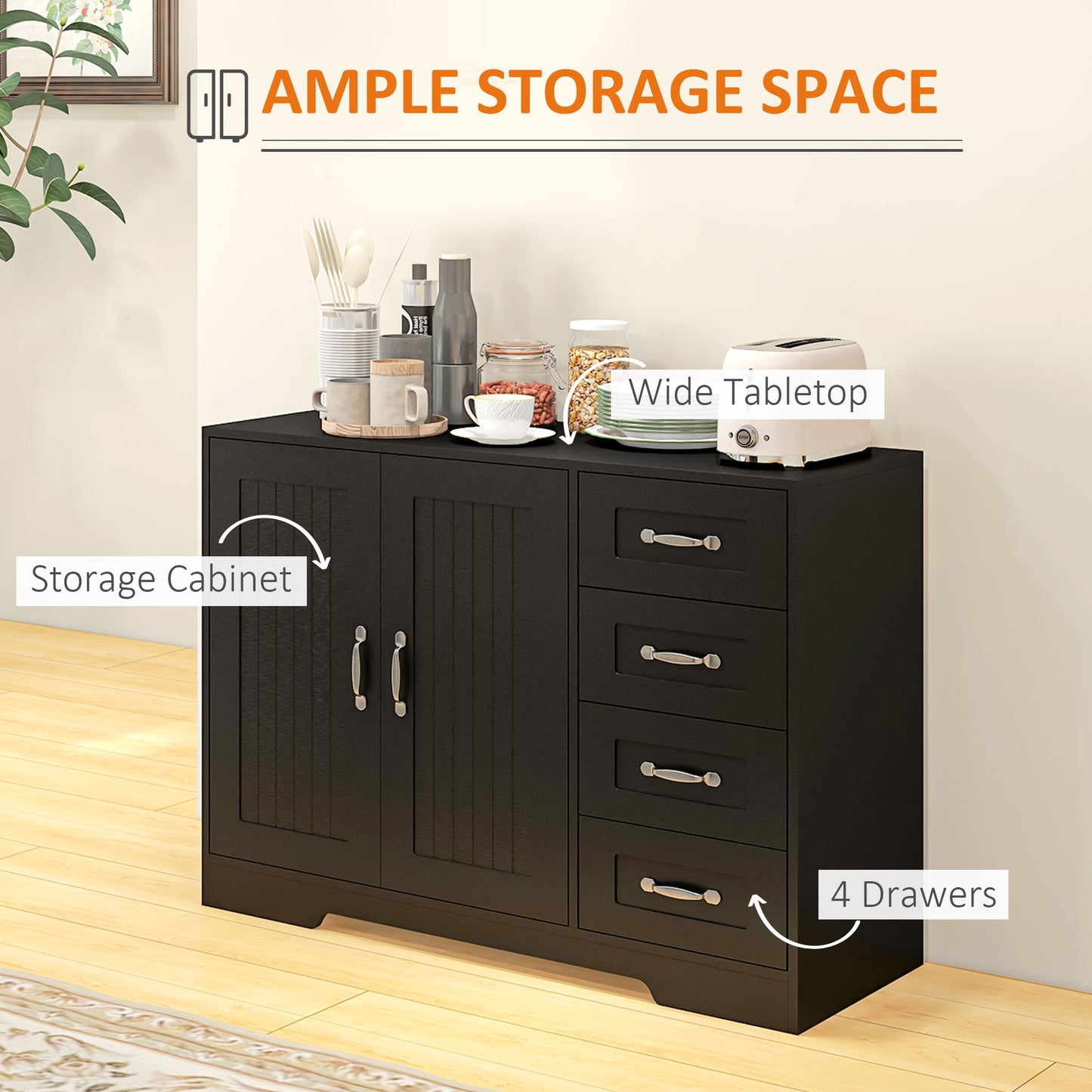 Modern Sideboard Buffet Cabinet with Drawers and Beadboard Door Cupboard Kitchen Storage Cabinet Black