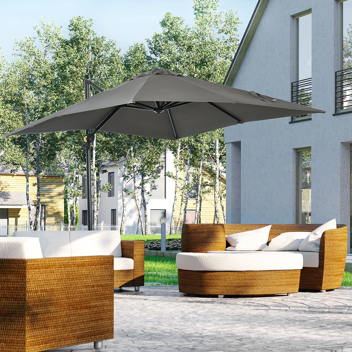 8' x 8' Square Patio Hanging Offset Umbrella with 360° Rotation, Aluminum, Crank & Tilt, with Cross Base, Grey