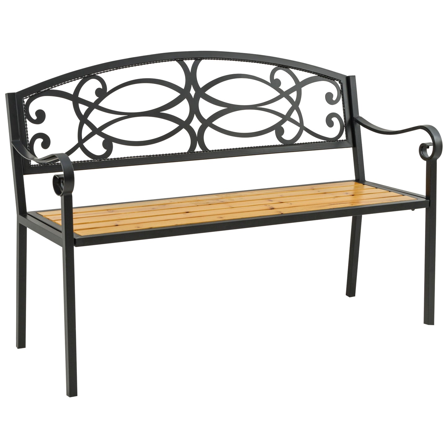 Outsunny Garden Bench for Outdoor, 2-person Patio Bench with Steel and Wood Frame, Floral Rose Accent, Loveseat Furniture for Lawn, Deck, Yard, Porch and Entryway, Natural