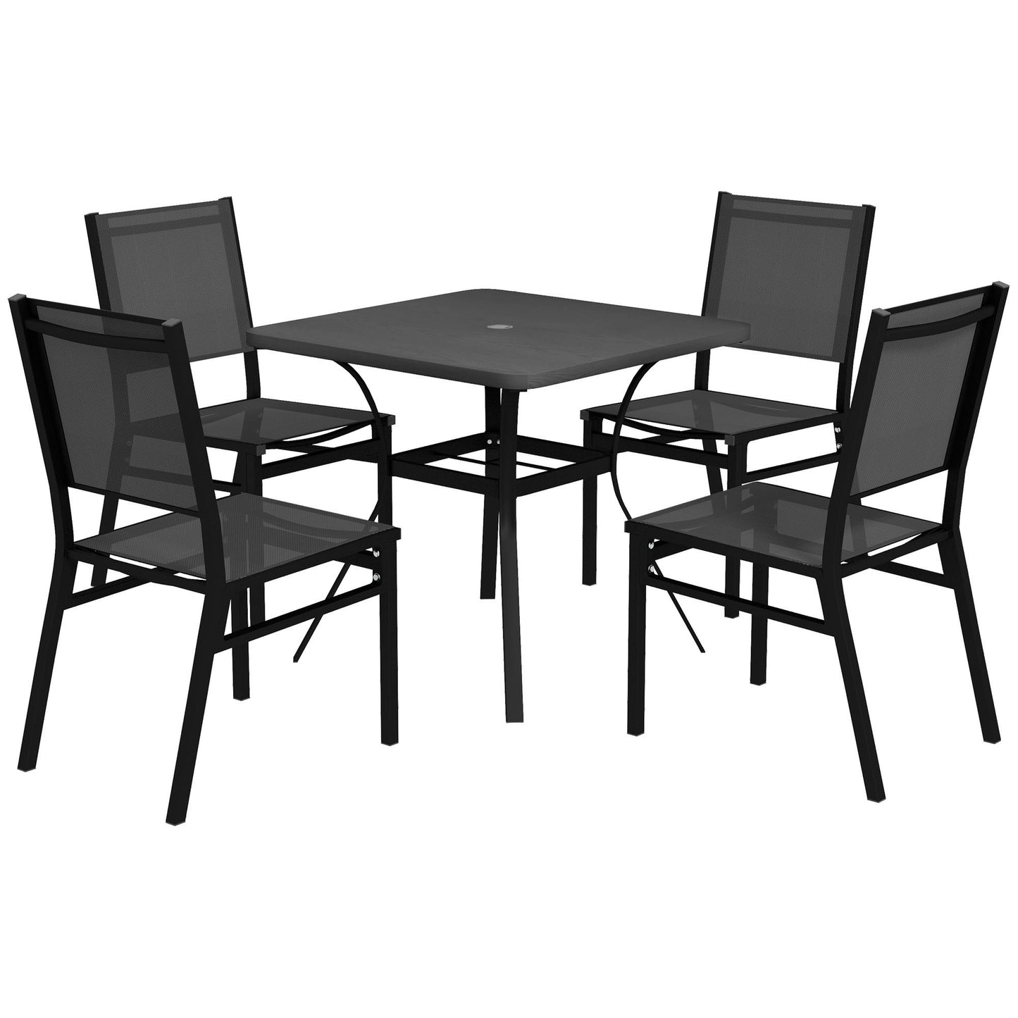 5 Pieces Outdoor Dining Set with Umbrella Hole, Patio Table and Chairs with Steel Top, Breathable Mesh Seat Back