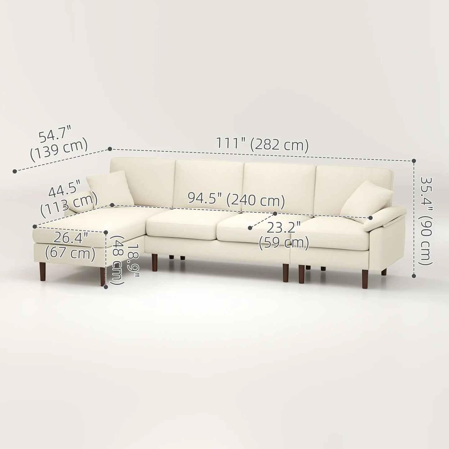 Modern Sectional Couch with Changeable Chaise Lounge, Pillows and Wooden Legs for Living Room, Cream White