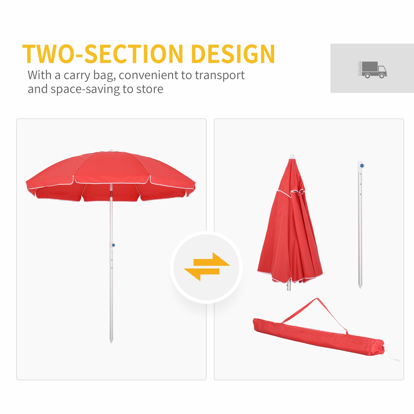 Arc. 6.4ft Beach Umbrella with Aluminum Pole Pointed Design Adjustable Tilt Carry Bag for Outdoor Patio Red