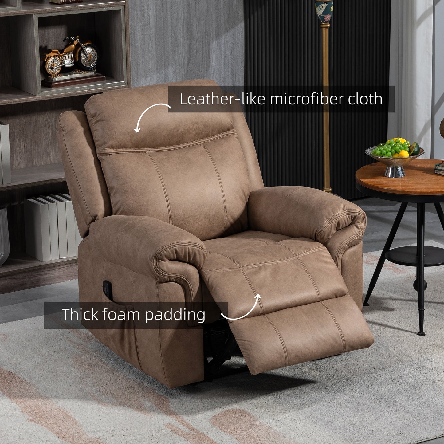 Manual Recliner Chair with Vibration Massage, Side Pockets, Microfibre Reclining Chair for Any Room, in Brown