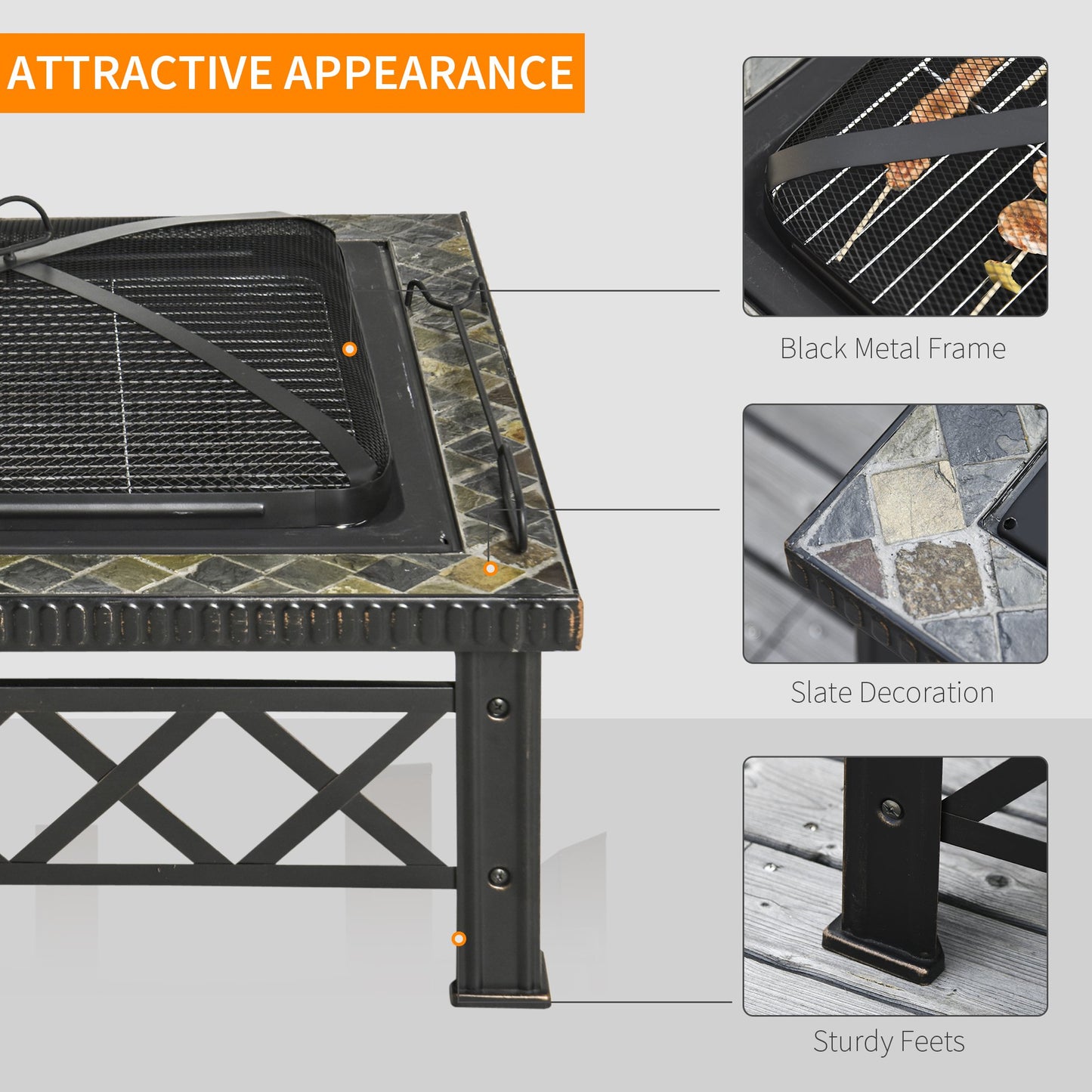 Outsunny 30" Outdoor Steel Square Firepit Square Stove with Spark Screen Cover, Log Grate, Poker, Grill Net for Patio