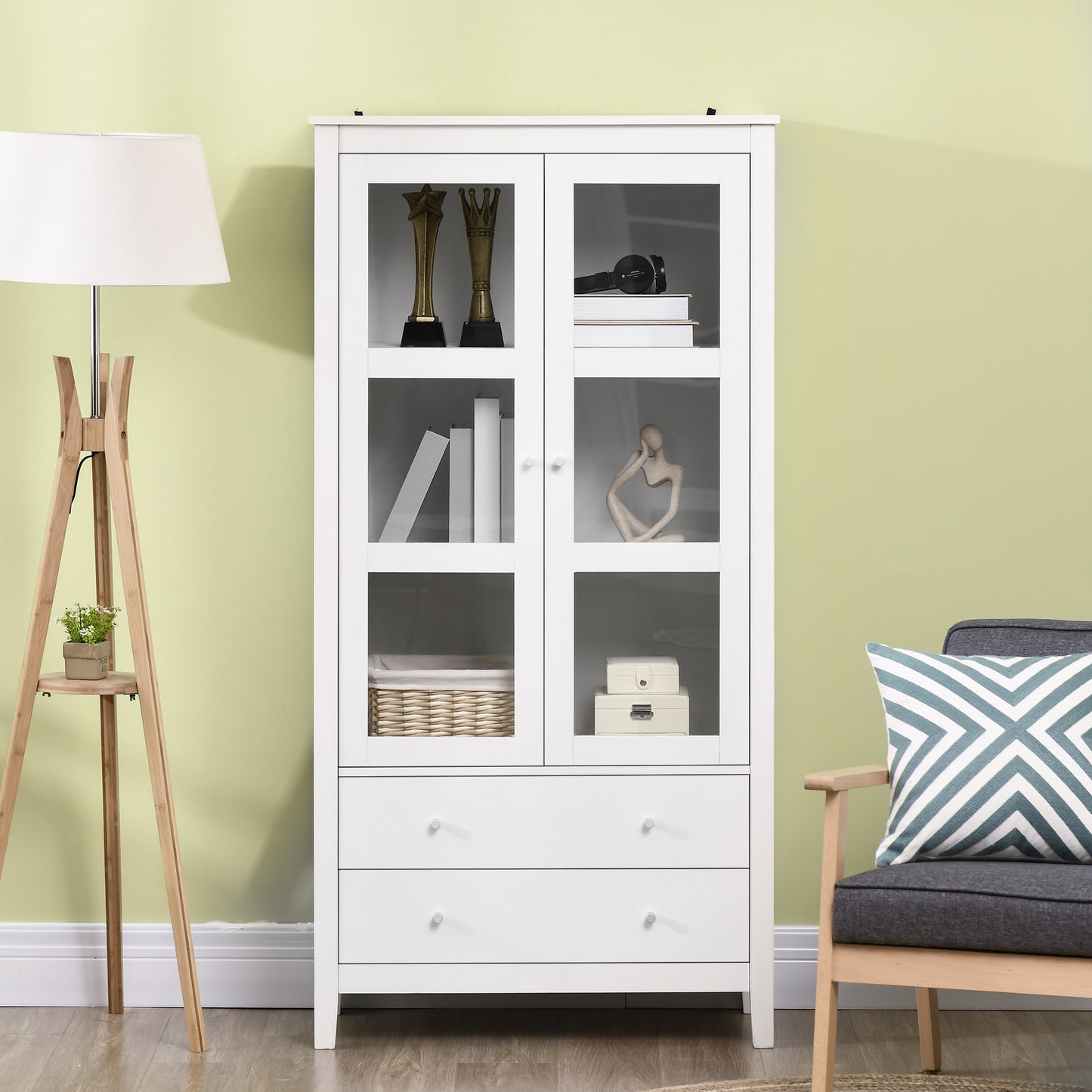 Kitchen Pantry Cabinet, Freestanding Storage Cabinet with 3-tier Shelves, 2 Drawers and Glass Doors, White