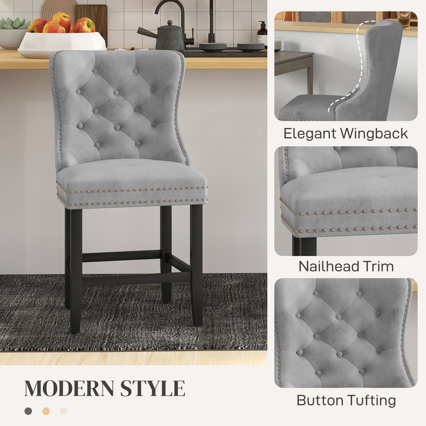 Upholstered Fabric Bar Stool Set of 2, Button Tufted 25.6" Seat Height Counter Chairs with Back & Wood Legs, Grey