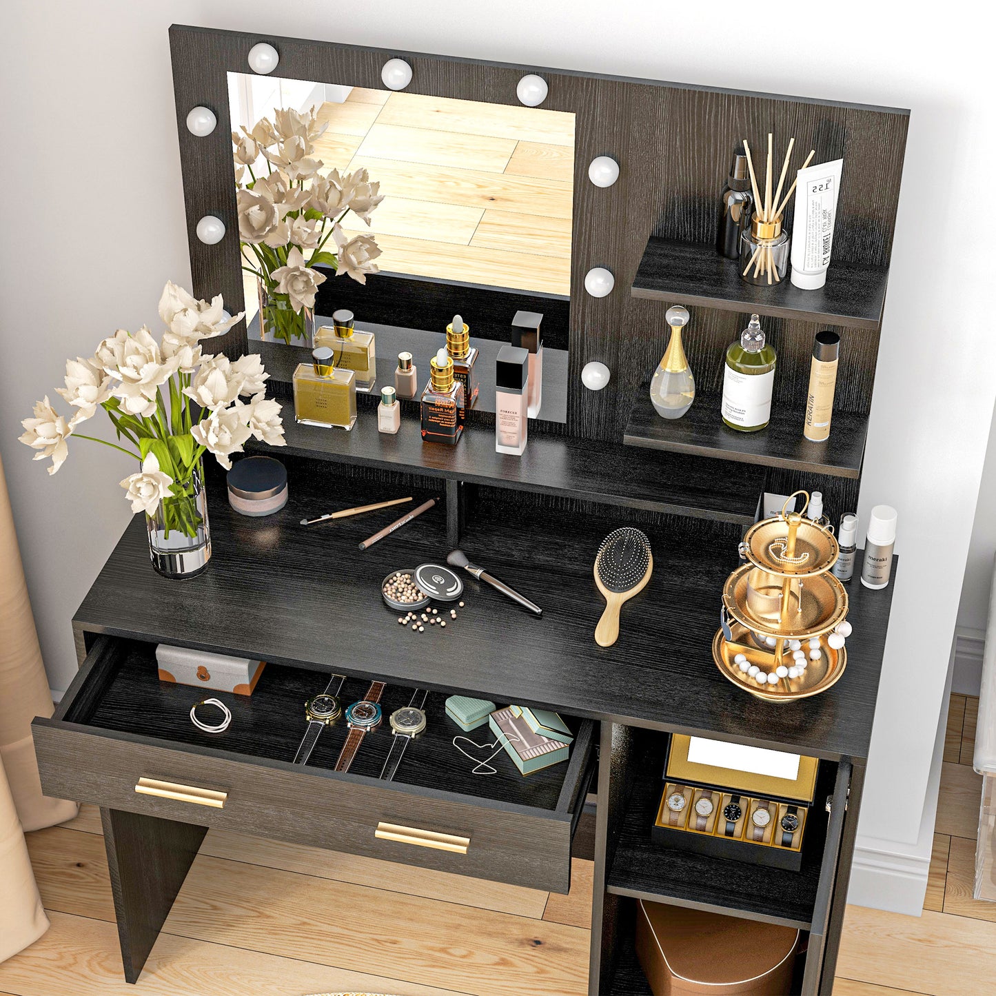 Illuminated Dressing Table Set, LED Vanity Table Set with Stool, LED Mirror, Drawer and Cabinet Shelves for Bedroom