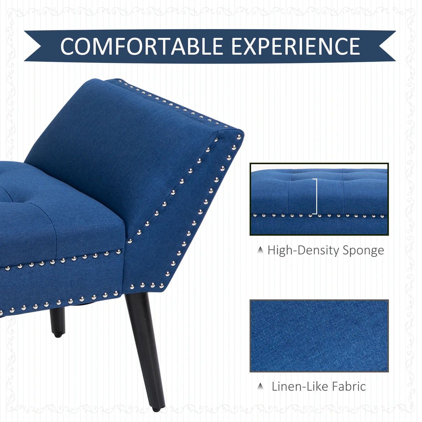 Modern Upholstered Bench with Arms and Nailhead Trim in Blue