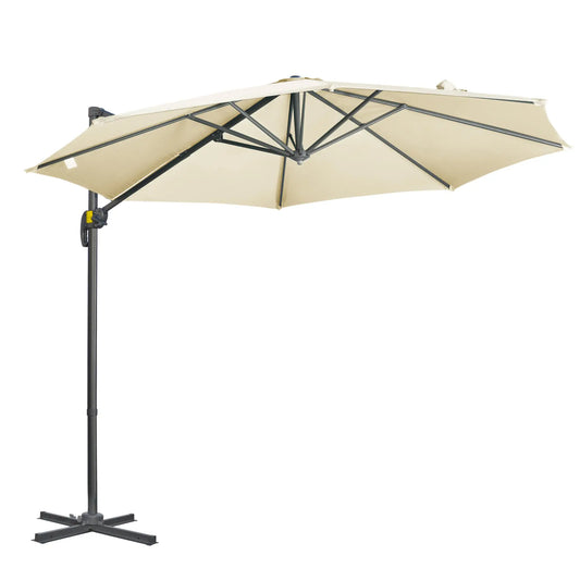 9.6' Cantilever Patio Umbrella Outdoor Hanging Offset Umbrella with Cross Base 360° Rotation Aluminum Poles in Cream White