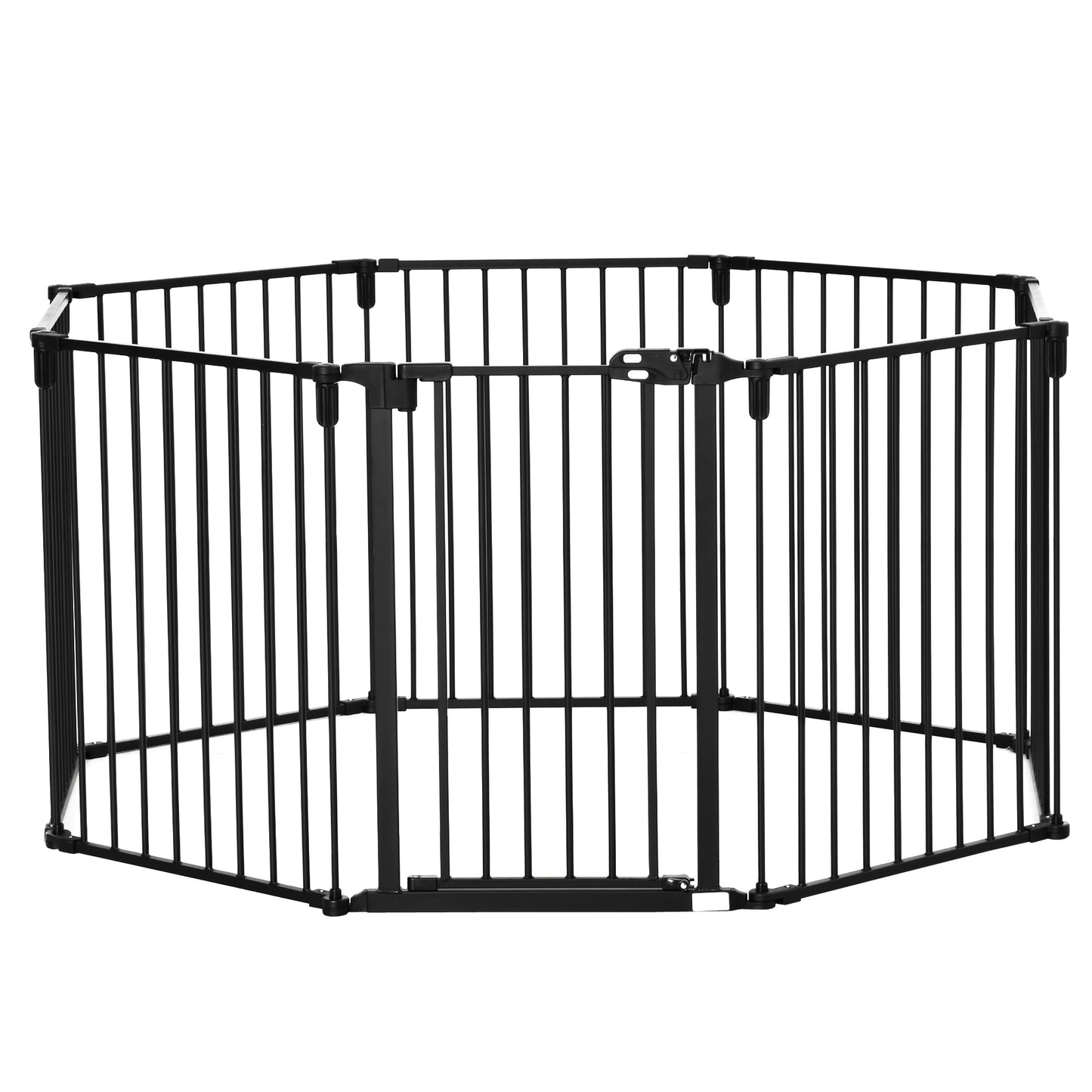 PawHut 30" Pet Safety Gate 8-Panel Playpen Fireplace Christmas Tree Steel Fence Stair Barrier Room Divider with Walk Through Door Automatically Close Lock Black