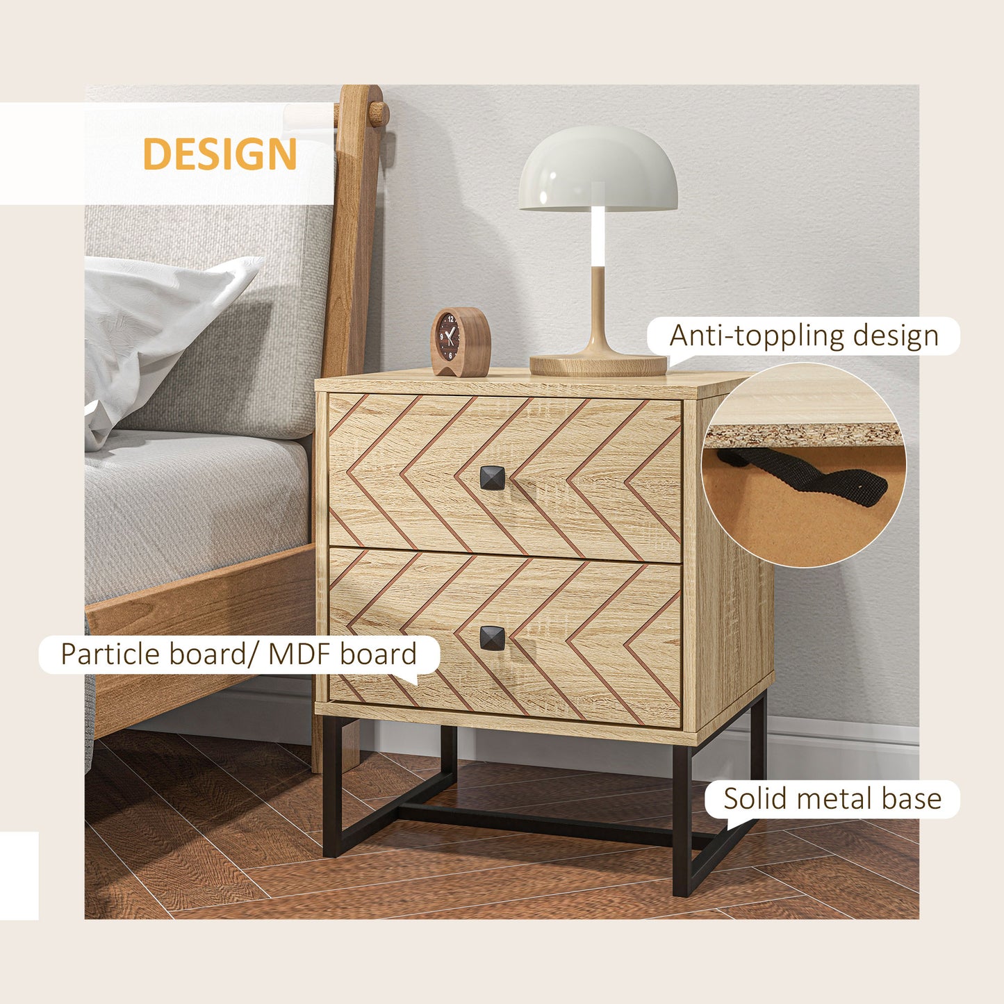 Modern Nightstand with Drawers, Side End Table with Metal Legs for Bedroom, Zig Zag Design, Natural