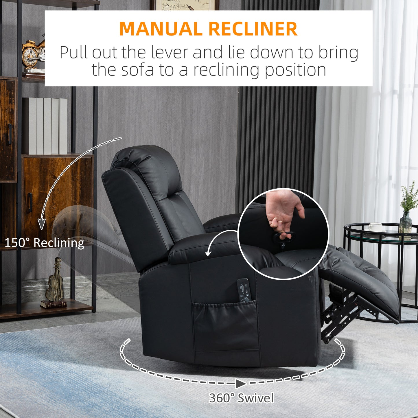 Massage Recliner Chair for Living Room with 8 Vibration Points, PU Leather Reclining Chair with Cup Holders, Swivel Base, Rocking Function, Black