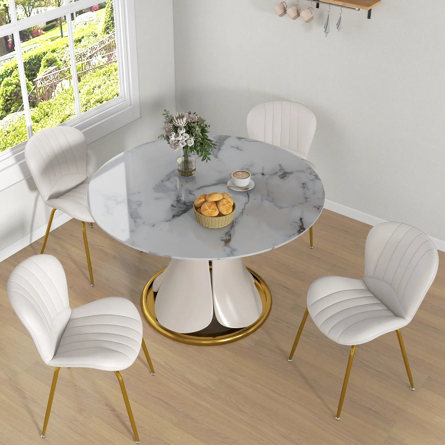 Set of 4, Modern Dining Chair with Cushioned Backrest, Upholstery for Dining Room, Cream White