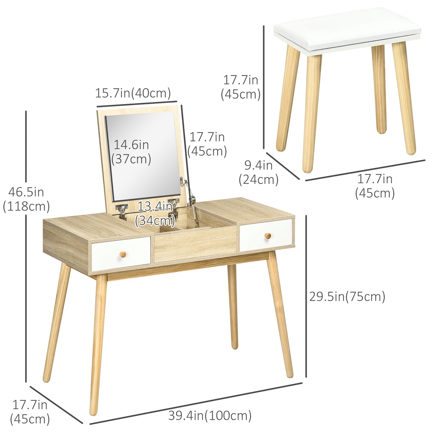 Flip Top Vanity Table / Writing Desk with 2 Drawers and Storage Grids, Natural