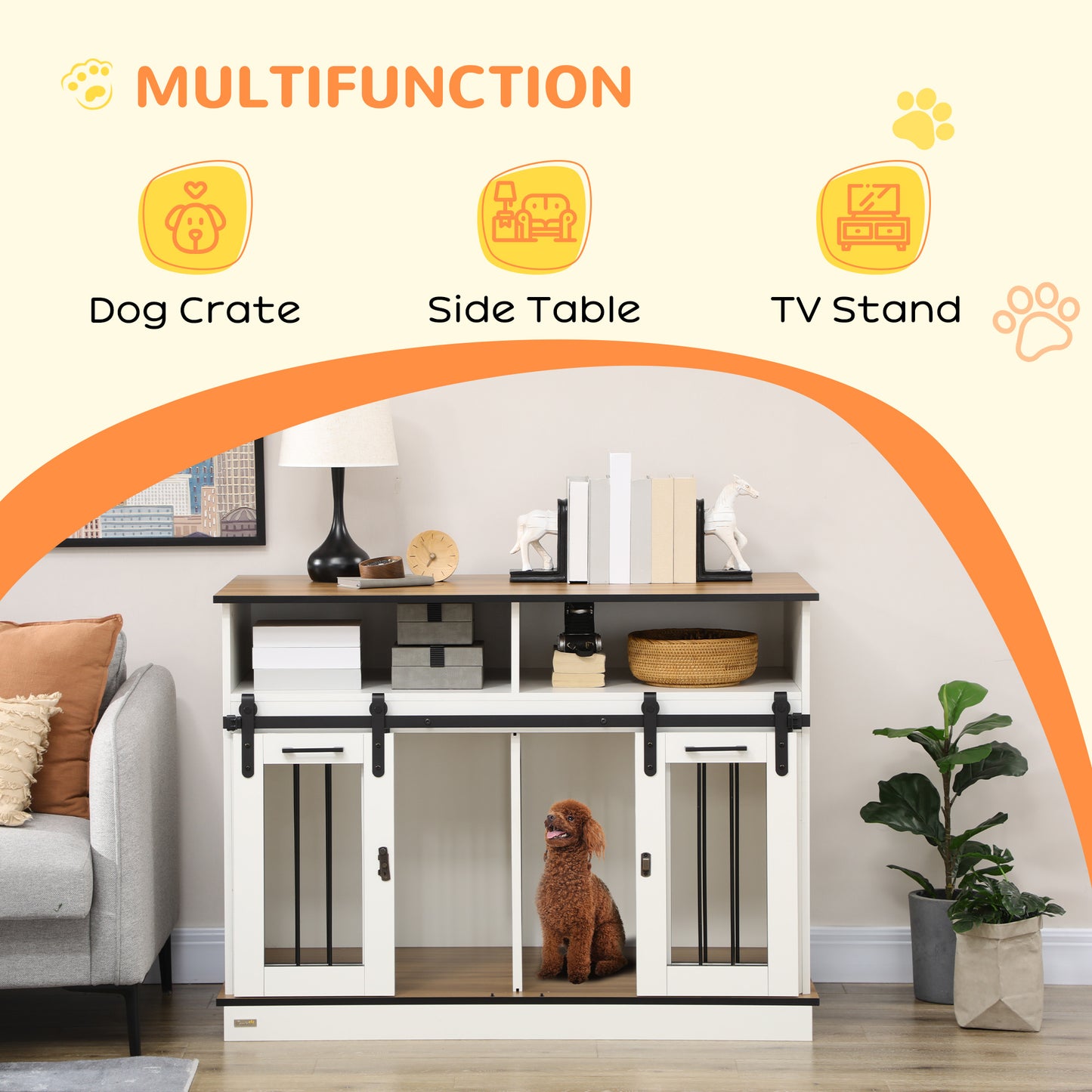 PawHut Dog Crate Furniture for Large Dogs with Removable Divider, Dog Kennel for 2 Small Dogs with Storage, White