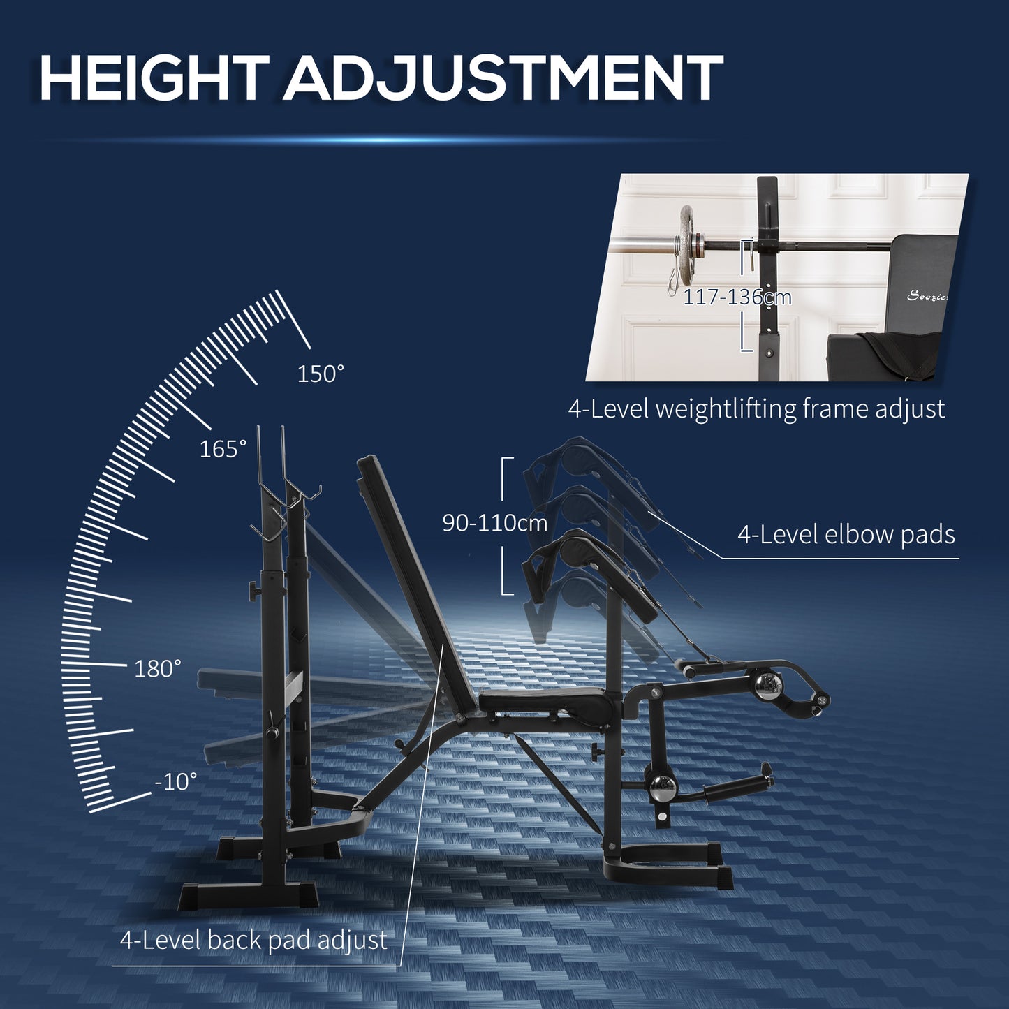 Soozier Weight Bench Stand with Squat Rack, Adjustable Olympic Bench, Multifunctional Arm Curl Pad, Leg Extension, Grey