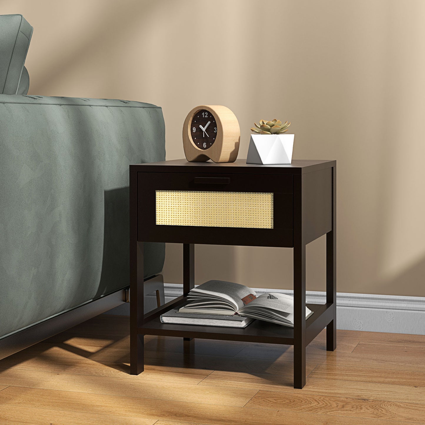 Modern Bedside Table, Accent Nightstand with Drawer and Open Shelf, Bed End Table for Bedroom, Living Room, Black