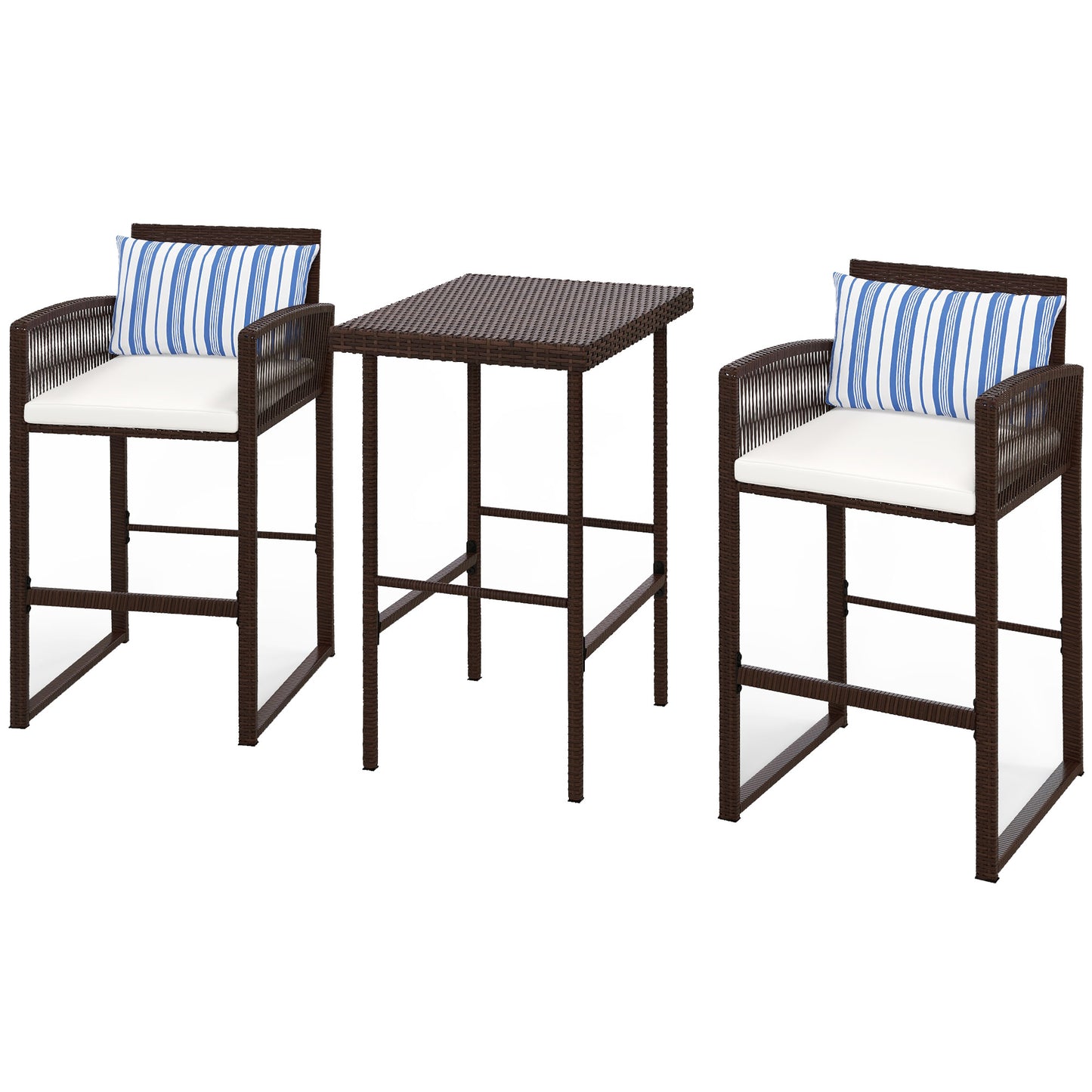 3-Piece Wicker Bar Set, Patio Bar Table Chair with Cushions, for Poolside, 25.2" x 19.3" x 37", White