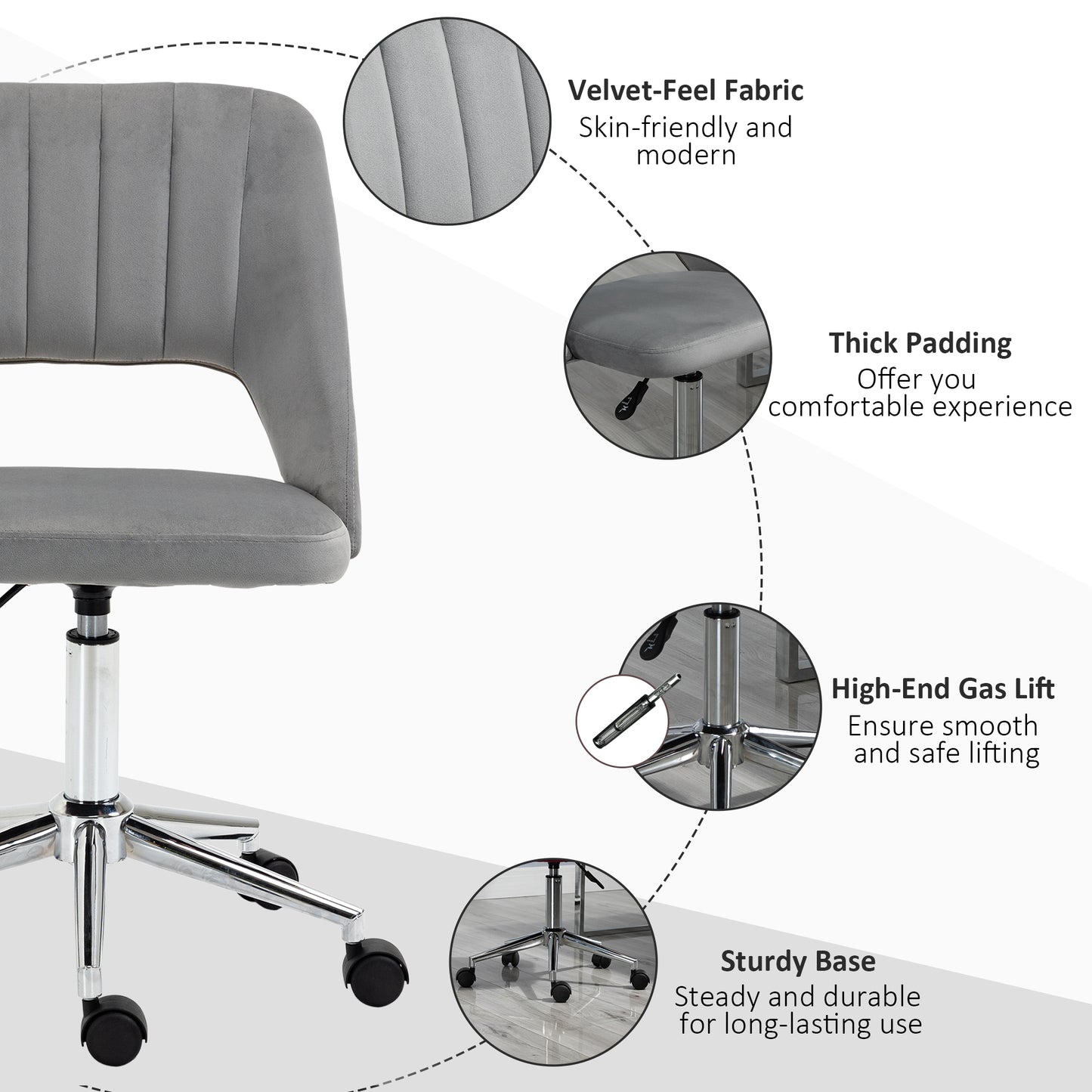 Mid Back Office Chair Velvet Fabric Swivel Scallop Shape Computer Desk Chair, Grey