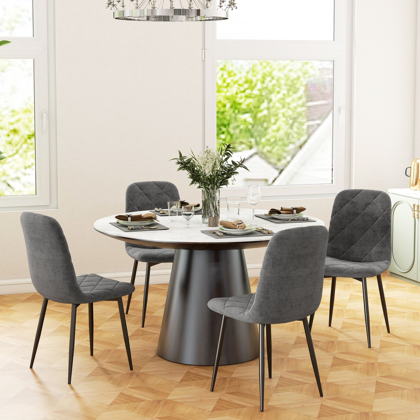 Dining Chairs Set of 4, Upholstered with Steel Legs, in Grey