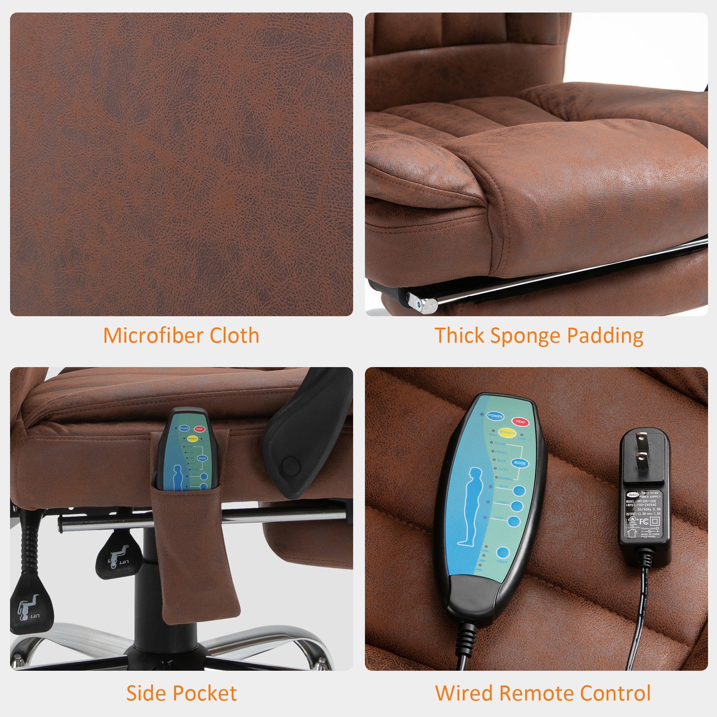 Office Chair 6-point Vibration Massage Chair Micro Fiber Recliner with Retractable Footrest Brown