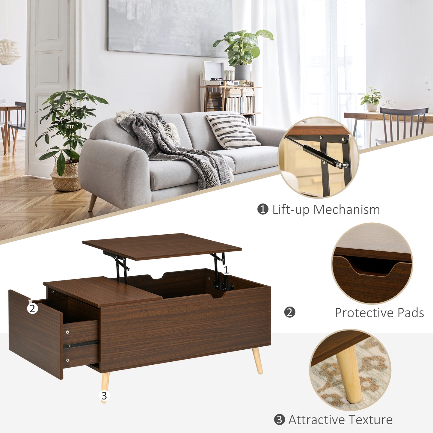 Coffee Table with Wood Legs, Lift Top Coffee Table with Drawer, Hidden Compartment, 38.6" x 21.3" x 18.9", Brown