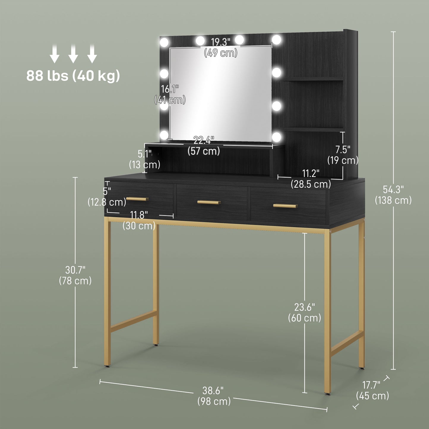 Illuminated Dressing Table, LED Vanity Table with Mirror, 3 Drawers and Storage Shelves for Bedroom, Black