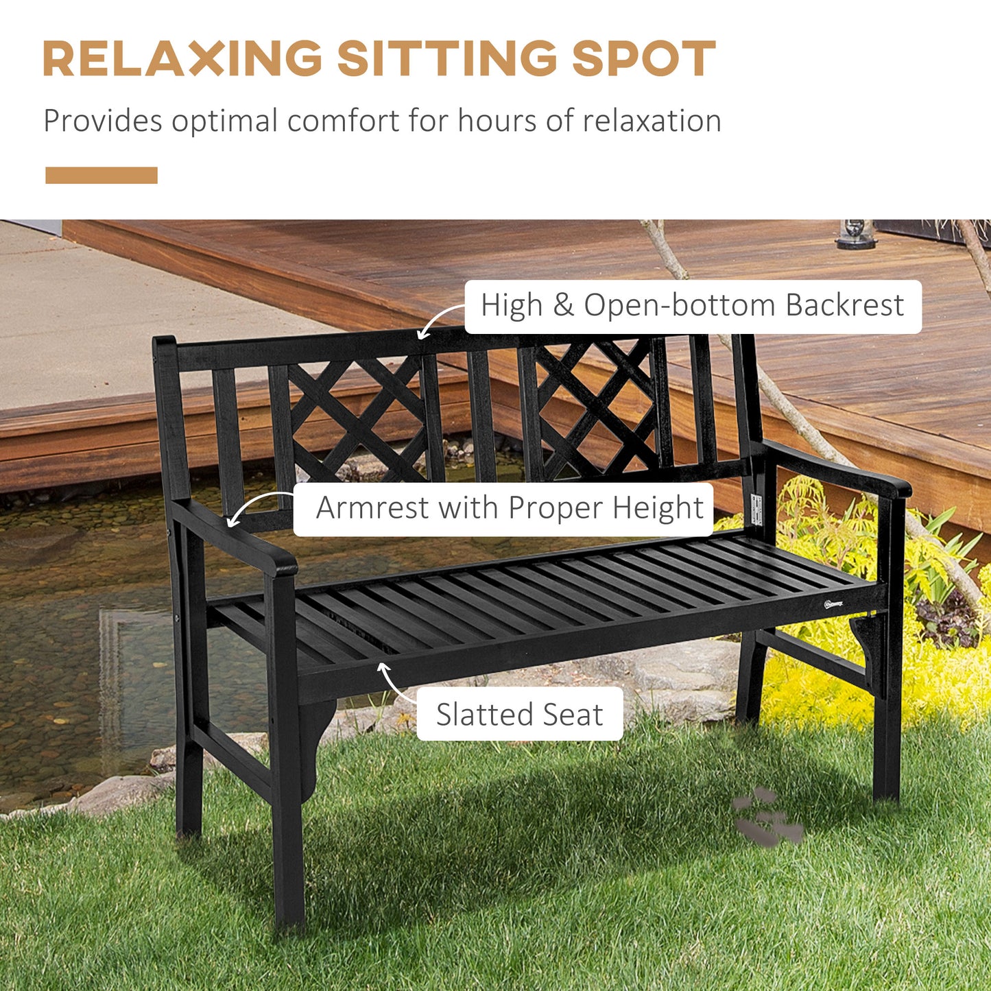 Outsunny Foldable Garden Bench, 2-Seater Patio Wooden Bench, Loveseat Chair with Backrest and Armrest for Patio, Porch or Balcony, Black