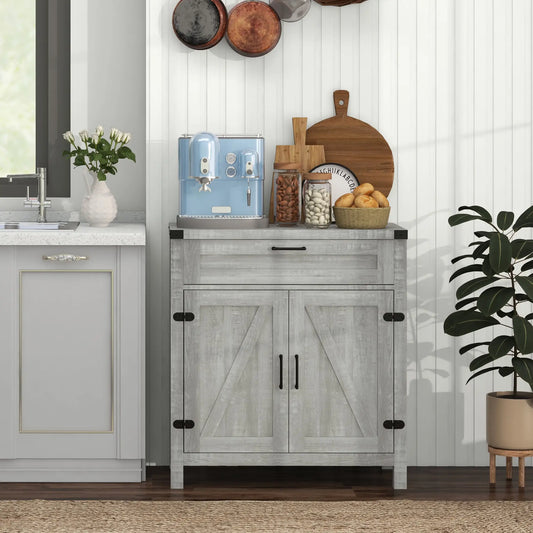 Farmhouse Kitchen Storage Cabinet or Entryway with 2 Rustic Barn Doors and Drawer, Light Grey