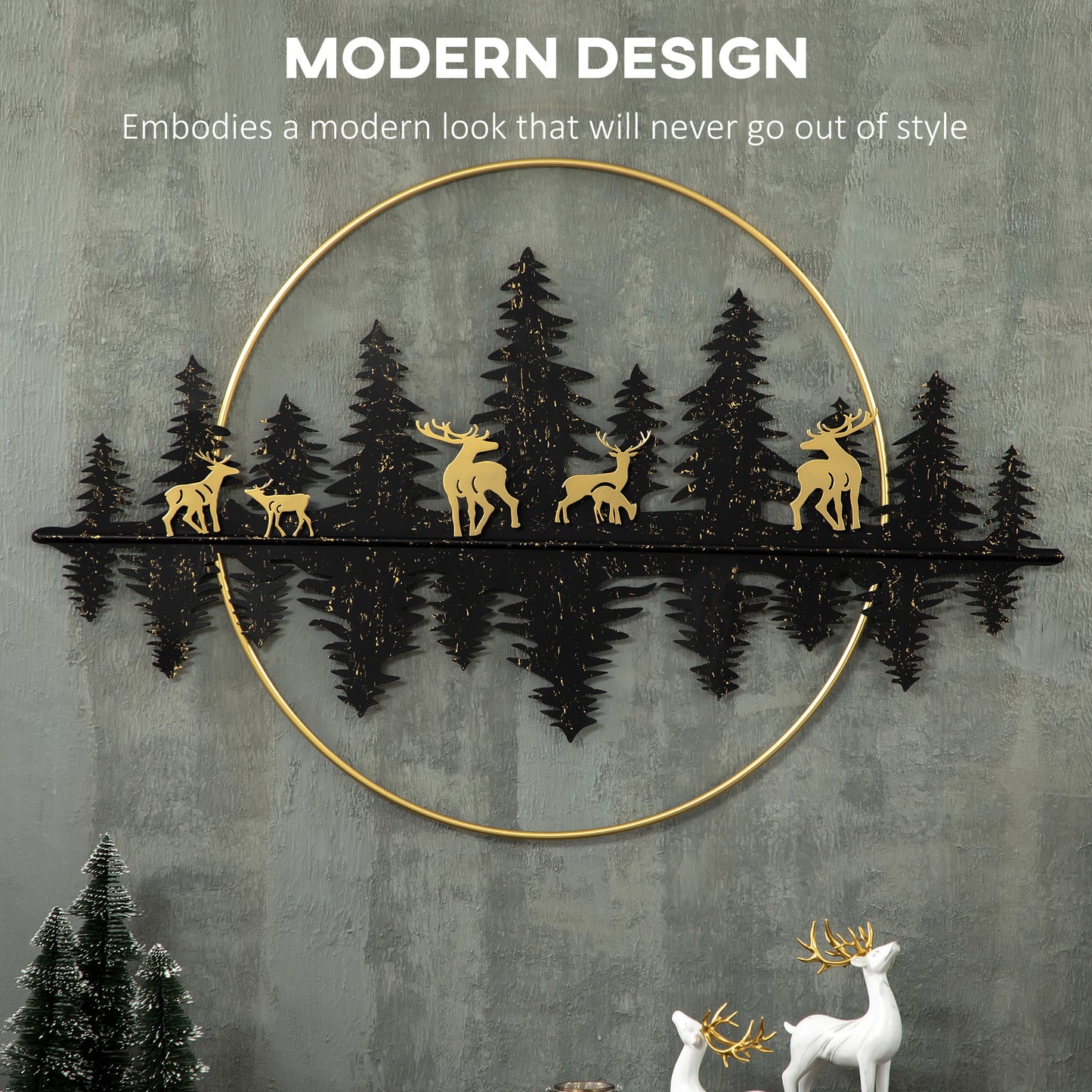 3D Metal Wall Art Modern Reindeer Forest Hanging Wall Sculptures Home Décor for Living Room Bedroom Dining Room, 47"x32"(120x80cm.), Gold Black