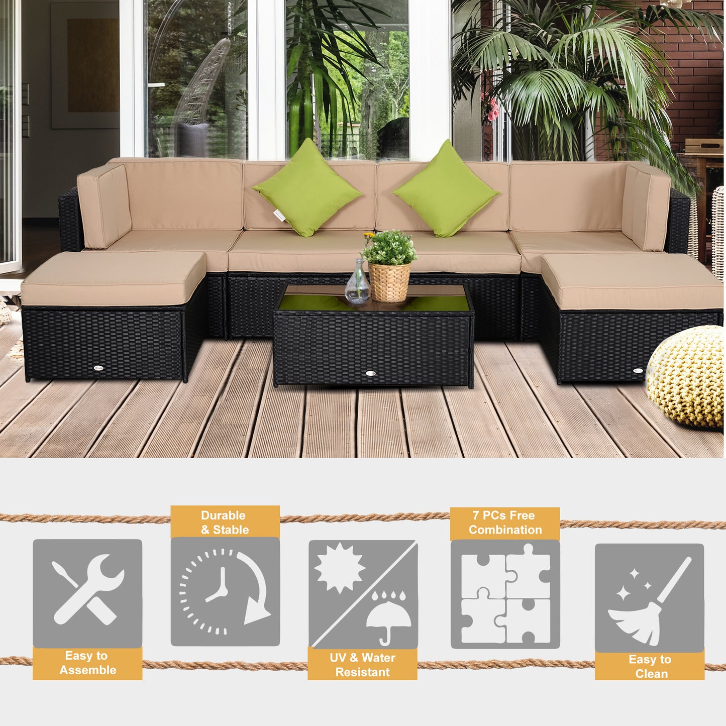 7pcs Wicker Rattan Sectional Set Outdoor Patio Sofa Table Footstools Set Garden Furniture with Cushions, Khaki