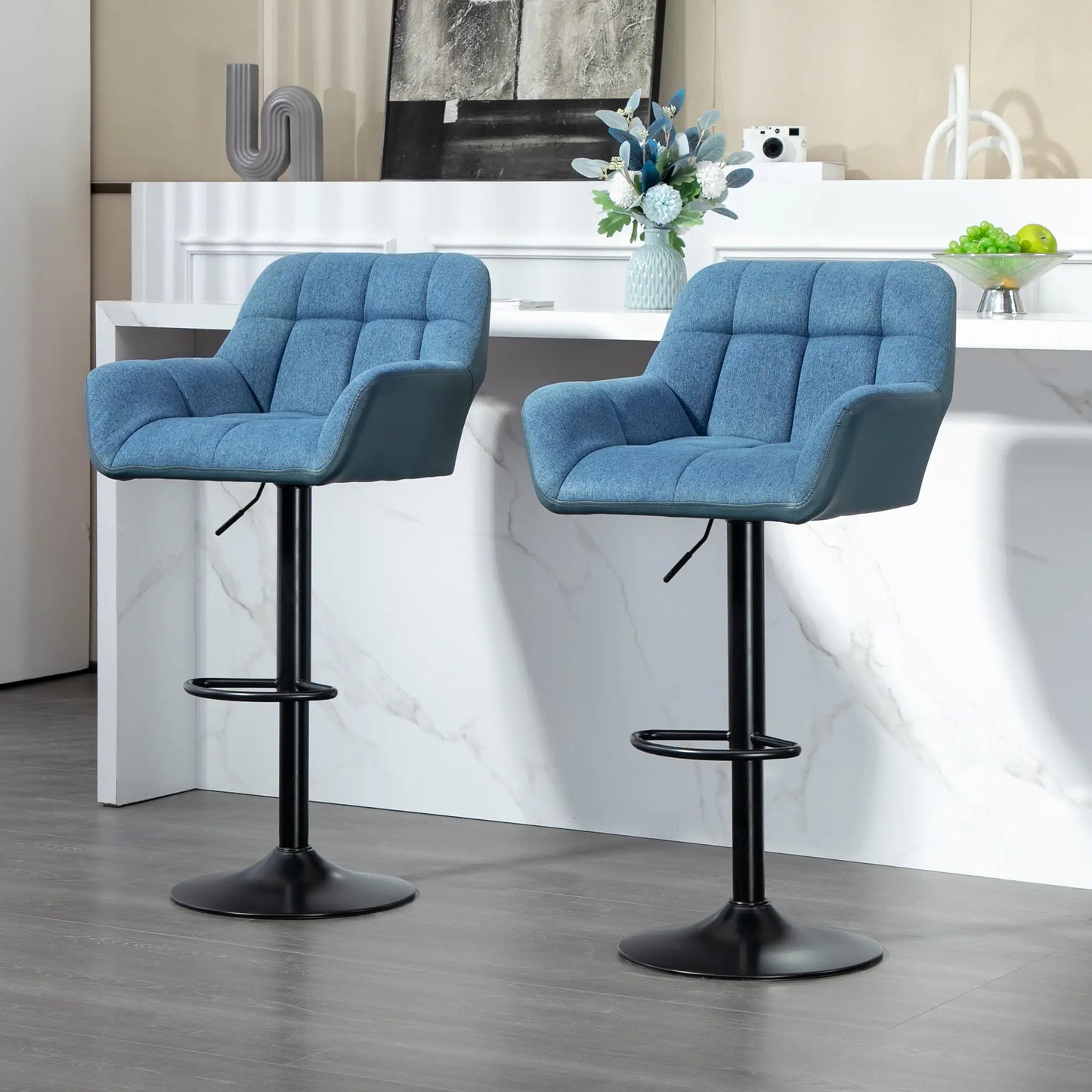 Swivel Barstools Set of 2 Adjustable, Footrest Armrests and PU Leather Back in Dark Blue