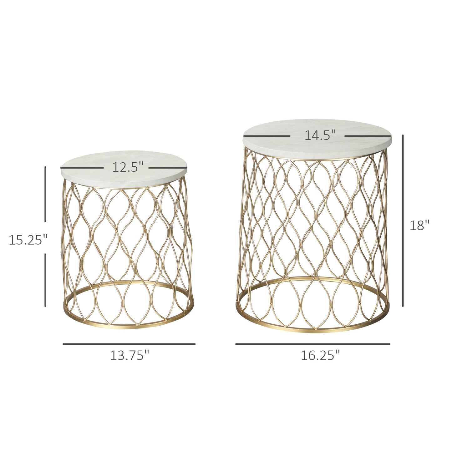 Set of 2 Patio Round Nesting Coffee Table Set, Outdoor Stacking End Side Table with Metal Frame for Garden, Balcony, Backyard, Gold