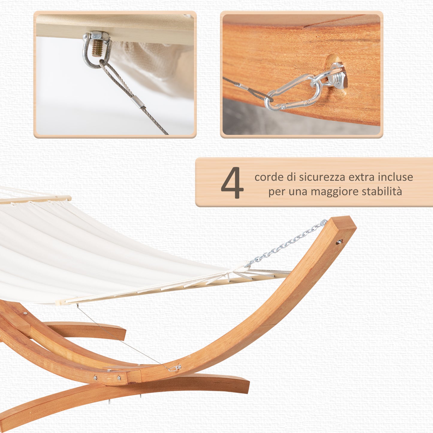 Patio Hammock with Stand, Outdoor Arch Wooden Hammock Bed, Camping Hammock w/ Straps and Hooks, White