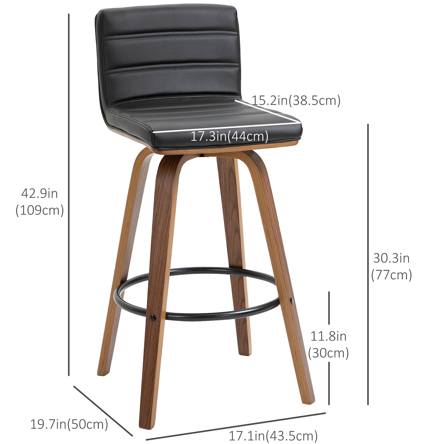 Swivel Bar Stools Set of 2, Upholstered Bar Height Stools, Bar Chairs with Soft Padding Seat and Wood Legs, Black