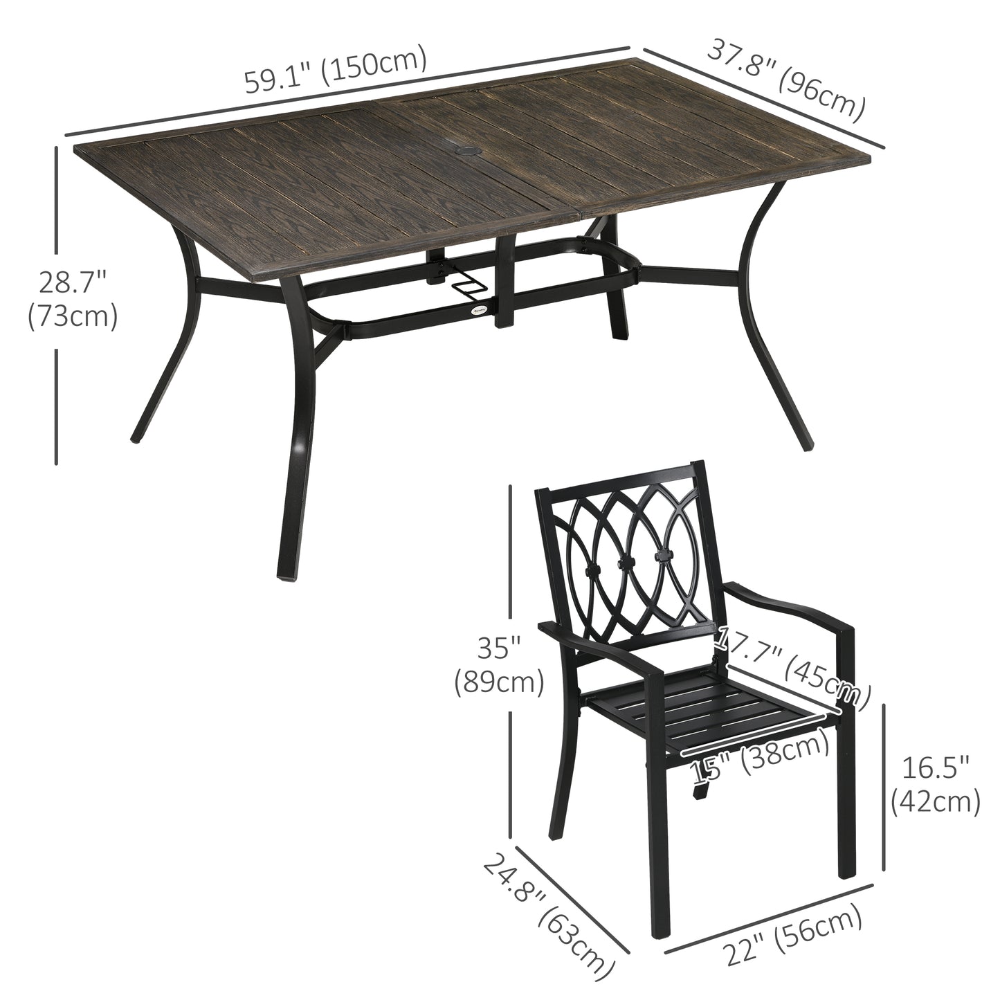 7 Pieces Outdoor Dining Set for 6 with Stackable Chairs with Wood Grain Top, for Garden, Patio, Backyard, Brown