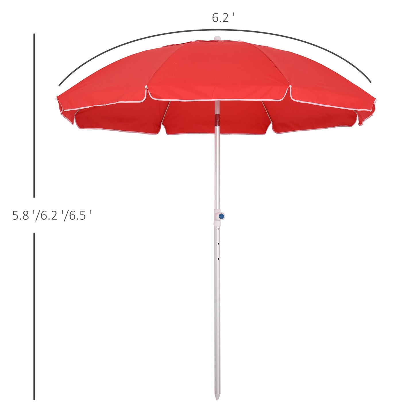 Arc. 6.4ft Beach Umbrella with Aluminum Pole Pointed Design Adjustable Tilt Carry Bag for Outdoor Patio Red