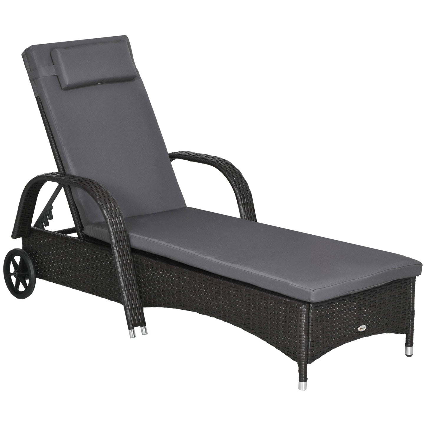 Outdoor Lounger, Deck Lounge Chair with Headrest, 5-Level Adjustable, Backrest, Wheels, Deep Coffee and Grey