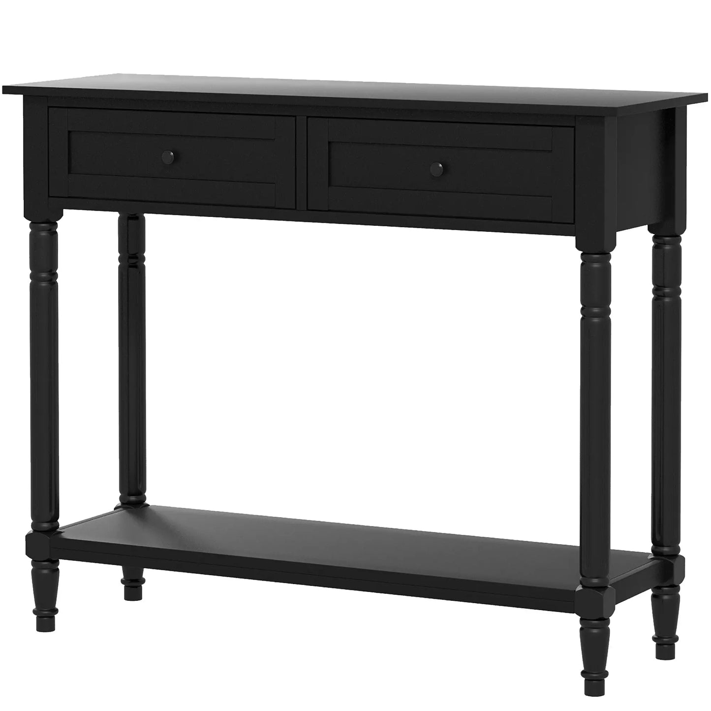 Modern Entryway Table with 2 Drawers, Storage Shelf and Turned Legs in Black