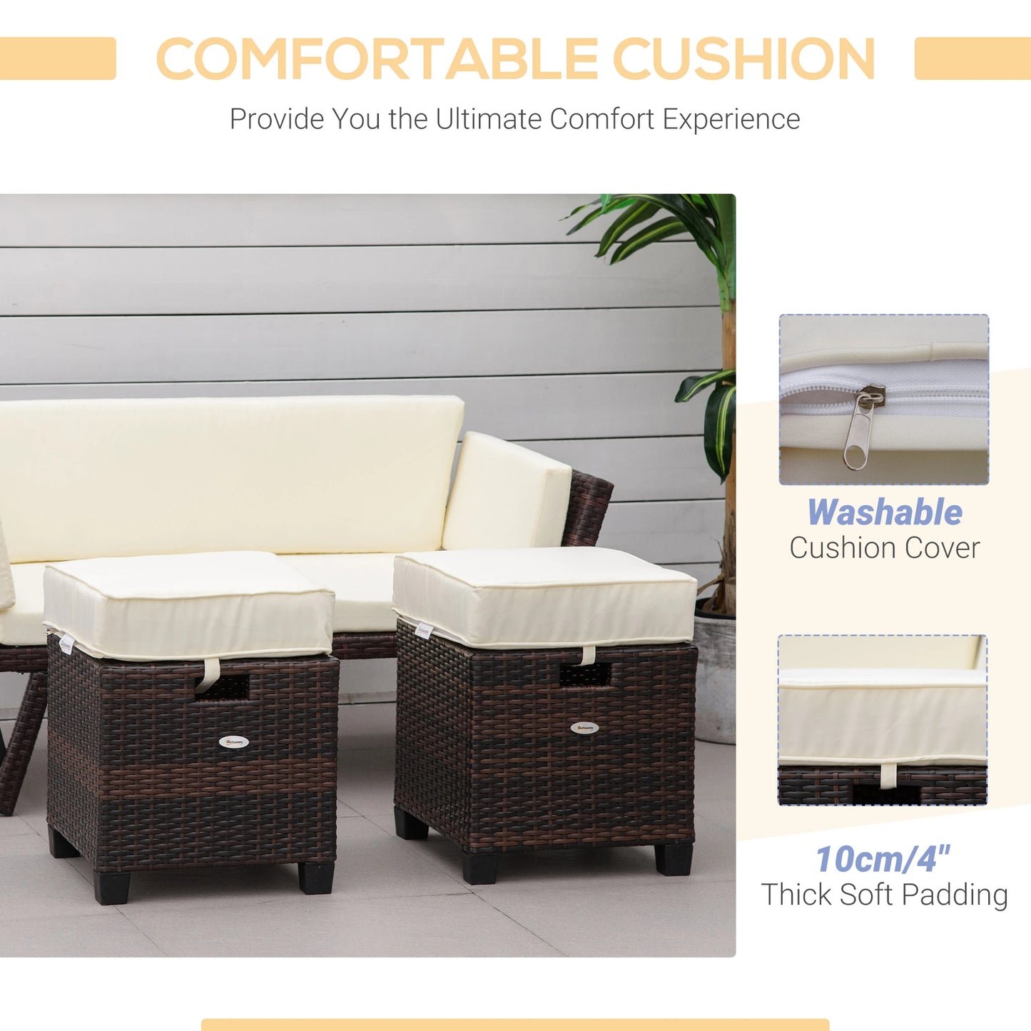 2 PCS Patio Wicker Ottoman Set, Two Square Outdoor PE Rattan Footrest with Removable Cushion, Freely Combined Furniture w/ Handle for Backyard, Garden, Poolside, in Beige