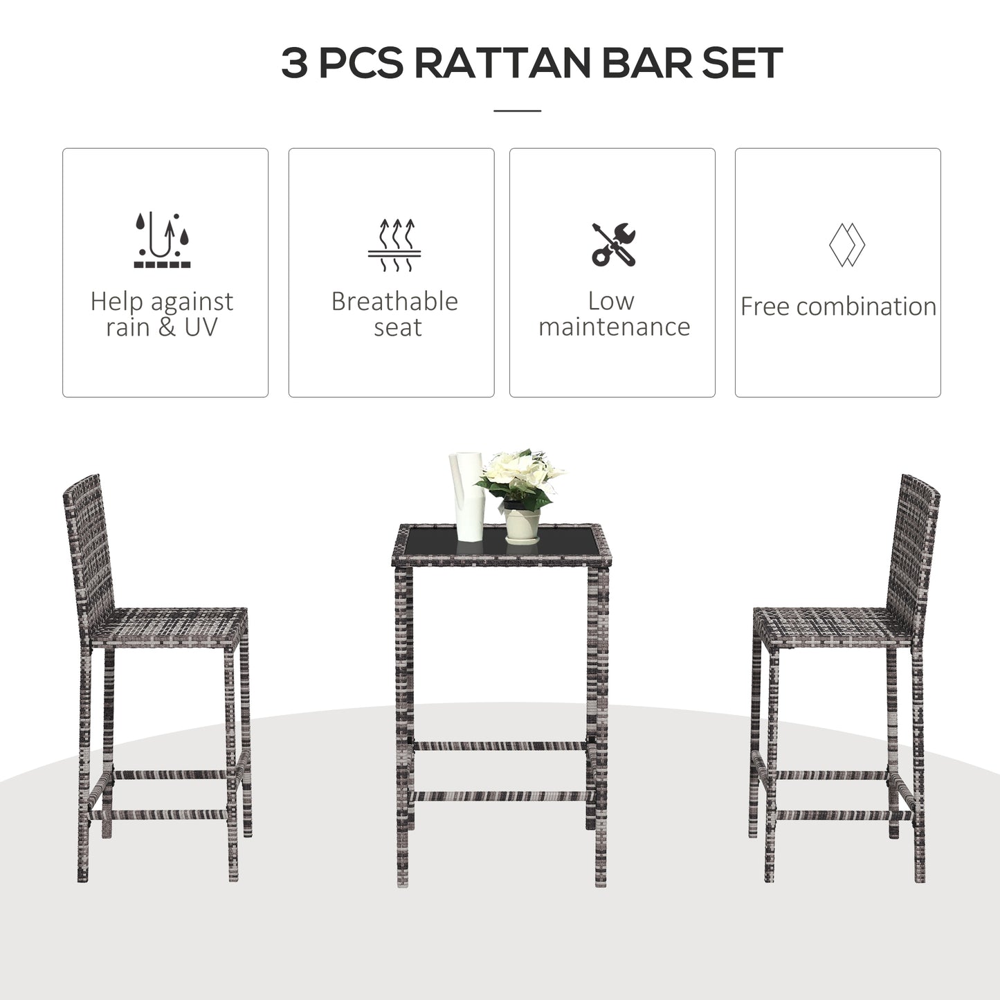 3 Piece Patio Bar Set Wicker Rattan Garden Bistro Set Barstool and Table for Patio Backyard Balcony Poolside, Grey