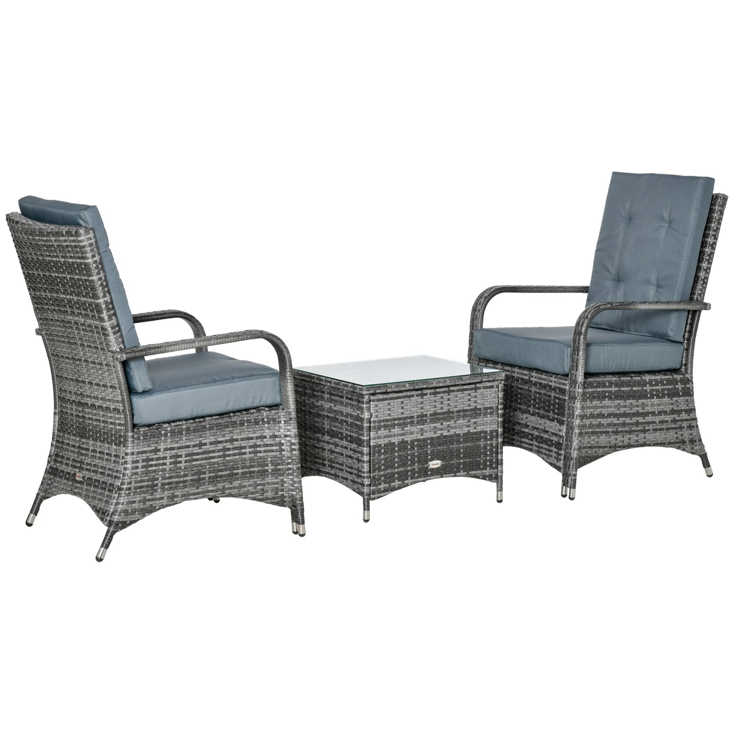 Outsunny 3 Piece Outdoor PE Rattan Patio Furniture Set Bistro Set w/ Cushions, Tempered Glass Tabletop for Balcony, Pool, Grey