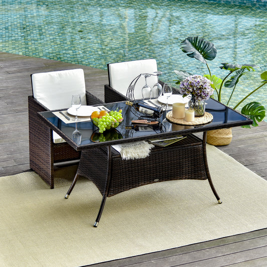 Garden Dining Table, Rattan with Glass Top, Storage Shelf , 59" x 34" x 29", Brown